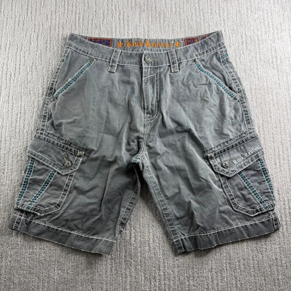 Rock Revival Cargo Shorts Mens Size 38 Gray Slim Fit Heavy Stitch Embroidered
